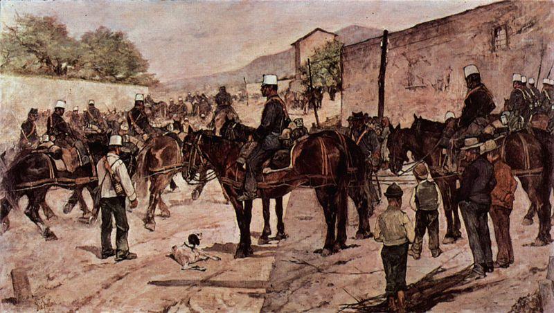 Giovanni Fattori Artilleriecorps zu Pferd auf einer Dorfstrasse